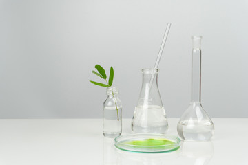 green leaves with laboratory glassware and equipment