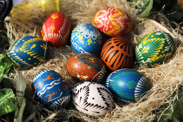 Fototapeta na wymiar Handmade coloured, painted and designed Easter eggs. 