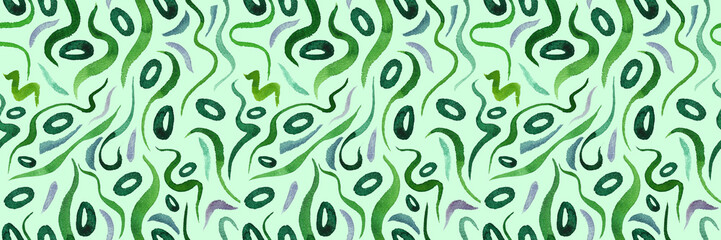 Green alga seamless pattern with natural watercolor illustrations of seaweed on the paper. Amazing for textile, wallpapers, greetings card, web, backgrounds, labels.
