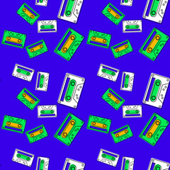 Fototapeta premium Cassette tape falling seamless pattern. Authentic design for digital and print media.