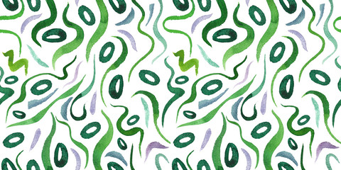 Green alga seamless pattern with natural watercolor illustrations of seaweed on the paper. Amazing for textile, wallpapers, greetings card, web, backgrounds, labels.