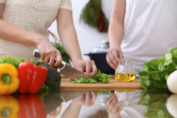 Closeup of human hands cooking in kitchen. Mother and daughter or two female cutting green salad or herbs. Healthy meal, vegetarian food and lifestyle concepts
