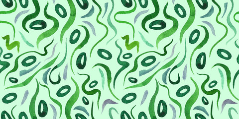 Green alga seamless pattern with natural watercolor illustrations of seaweed on the paper. Amazing for textile, wallpapers, greetings card, web, backgrounds, labels.