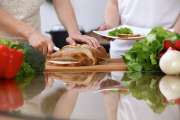 Closeup of human hands cooking in kitchen. Mother and daughter or two female cutting bread at the table full of vegetables and green salad. Healthy meal, vegetarian food and lifestyle concepts