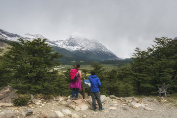 Tourists treking to Cerro Torre, Patagonia Andes. Los Glaciares National Park, El Chalten, Argentina