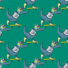 Crocodile on skateboard seamless pattern. Cartoon style pattern design.