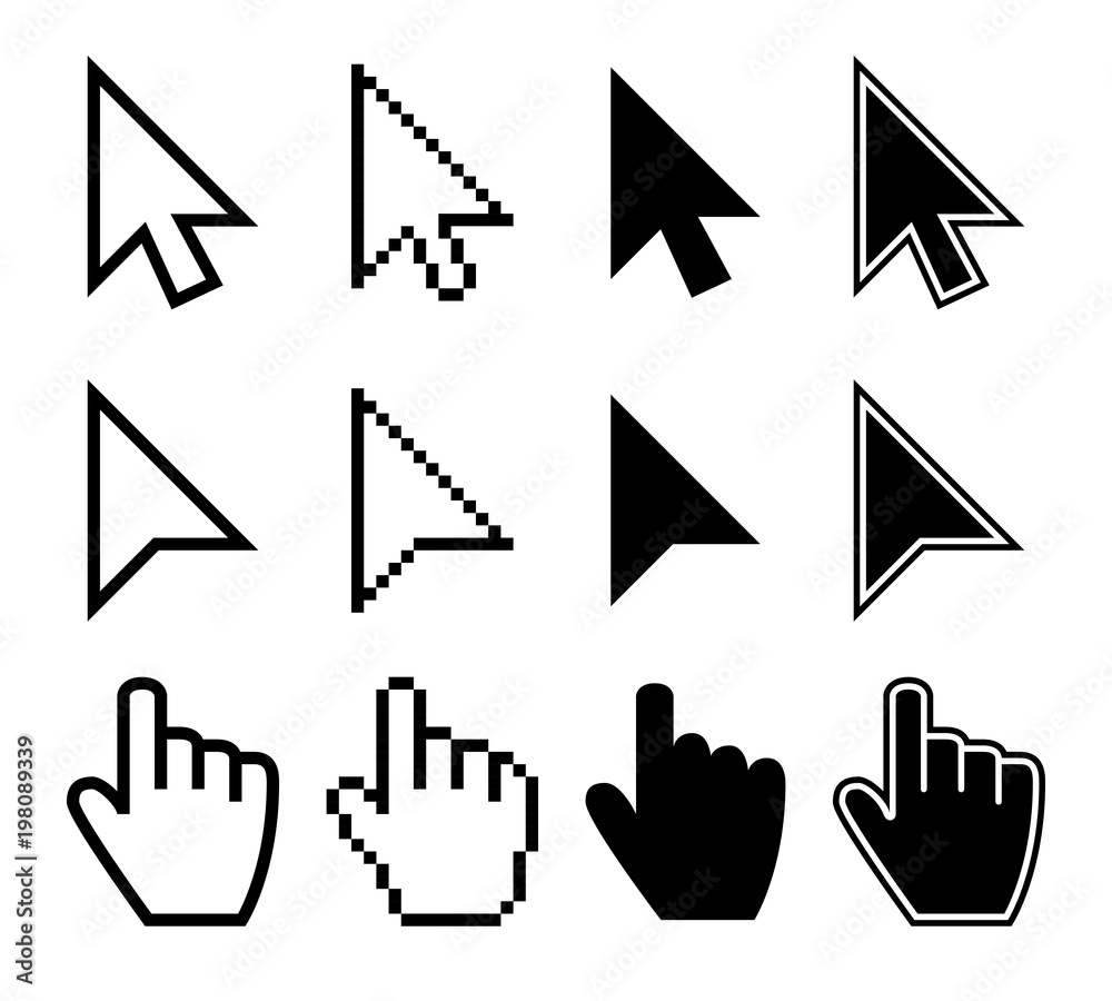 Poster clicking mouse cursors, computer finger pointers vector set