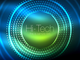 Magic neon circle shape abstract background, shiny light effect template for web banner, business or technology presentation background or elements, vector illustration