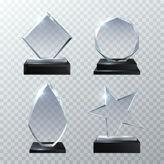 Clear glass trophy awards isolated on transparent background vector set