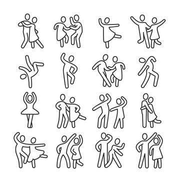 Happy dancing woman and man couple icons. Disco dance lifestyle vector pictograms