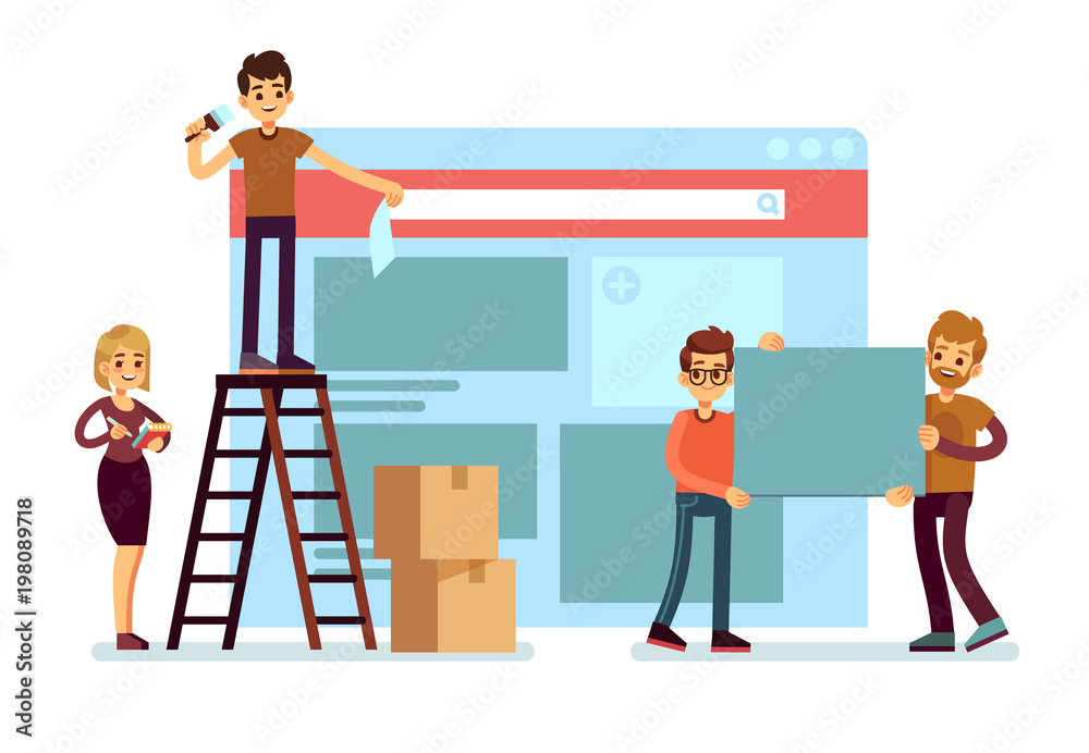 Poster website construction and webdesign ui building with people team. web interface development vector co
