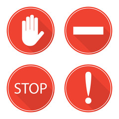 Red stop signs. Hand, rectangle, word stop and exclamation mark. Stop symbols in circles, warning, dangerous