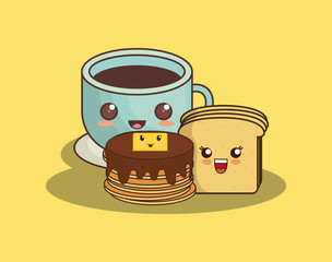 kawaii pancakes with coffee mug and loaf slice over yellow background, colorful design. vector illustration