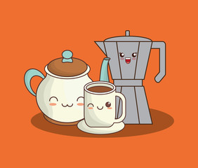 kawaii coffee mug and related icons over orange background, colorful design. vector illustration