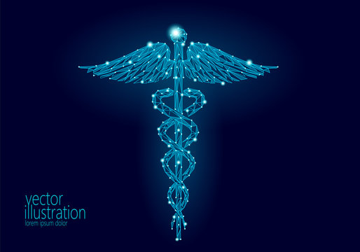 Medical Caduceus symbol low poly modern design. Innovation technology medicine future center polygon triangle blue glowing sign. Snake and wings abstract vector illustration dark background