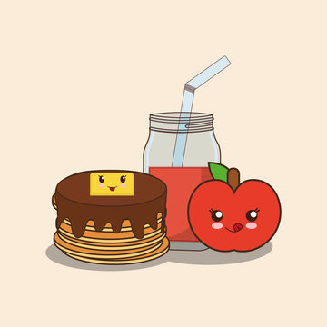 kawaii pancakes and apple juice over white background, colorful design. vector illustration