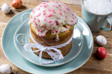 Easter composition with orthodox sweet bread, kulich and eggs