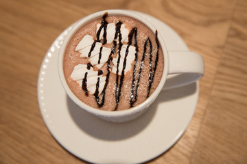A white cup of cocoa with marshmallows