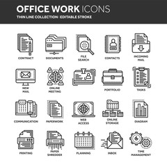Business and office work. Documents, paperwork. Businessman. Thin line black web icon set. Outline icons collection. Vector illustration.