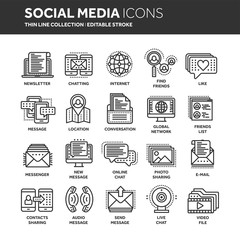 Communication. Social media. Online chatting. Phone call, app messenger. Mobile,smartphone. Computing.Email. Thin line black web icon set. Outline icons collection. Vector illustration.