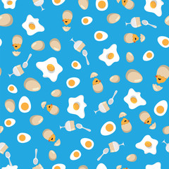 Fried egg, soft boiled egg and chicken hatching in egg shell pattern background. Seamless pattern fried eggs for breakfast