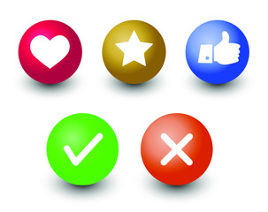 mark check o.k.,cancel, like, voting and rating vector icon set,  hand with thumb up, star and heart symbol in color 3d circle buttons with shadow