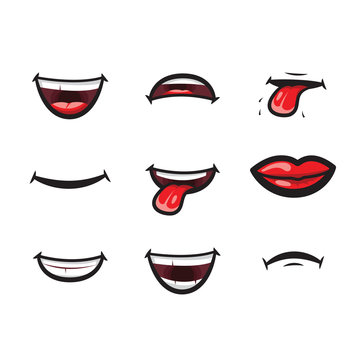 Smiling lips, mouth with tongue, white toothed smile and sad expression mouth and lips vector icon. Lips and mouth expressing different emotions, funny and sad smiles isolated on white background.