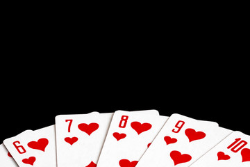 poker. gambling success. winning of cards, straight flush. copy space for text.