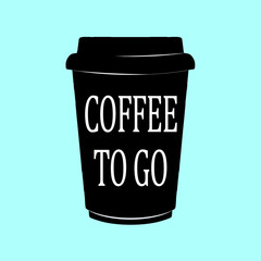illustration, flat design. Cup with coffee to go, isolated on modern blue background. Take away coffee icon, logo.