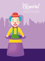 magic hat with cartoon clown over purple background, colorful design vector illustration