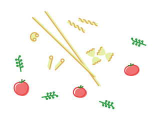 Italian pasta icons set. Fusilli, farfalle, penne rigate, pipe rigate, spaghetti, tomatoes, herbs. Isolated line art style illustration on white background.