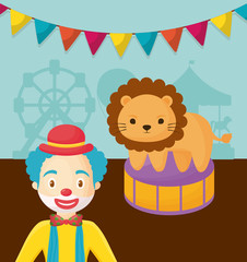 Carnival circus design with cartoon clown and circus lion over blue background, colorful design vector illustration