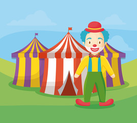 Circus tents and cartoon clown over landscape background vector illustration