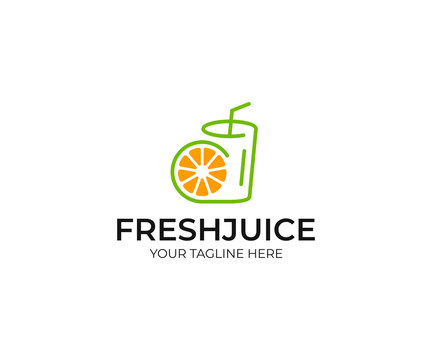 Orange juice logo template. Fruit slice and juice glass vector design. Fresh fruit drink logotype