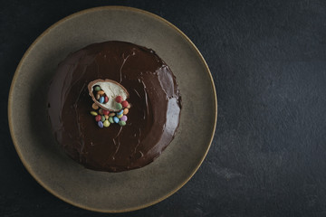 Sweet chocolate cake served on the plate,selective focus and blank space