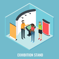 Exhibition stand concept vector flat isometric illustration