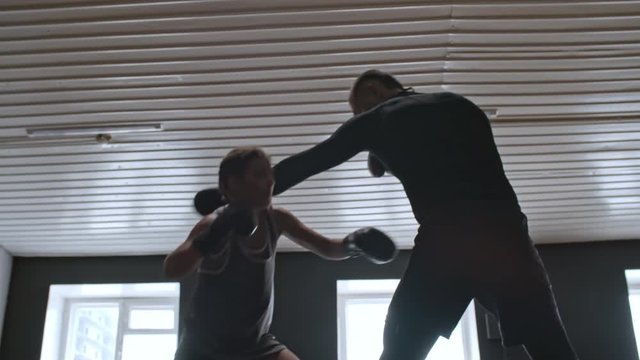 Side view medium shot of two boxing opponents, man and woman, wearing boxing gloves and fighting with each other as part of boxing workout