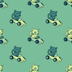 Cat driving race car seamless pattern. Original design for print or digital media.