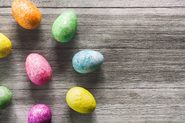 Colorful Eggs on Wood Table Eggs on White Rustic Table