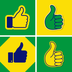 Set of  thumb up icons, using Brazil flag colors, vector illustrationCollection of vector Brazil hand thumb up emblems,  business and technology Brazil logo concept, vector illustration