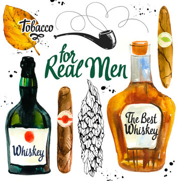 Watercolor and sketch illustration with classical illustrationking and drink set. Bunch of tobacco, hand rolled cigars, whiskey, pipe, leaf in hand drawn style. Best cuban quality.