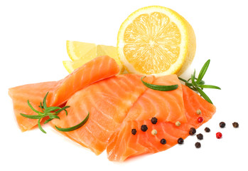 Red fish. Raw salmon fillet with rosemary isolate on white background