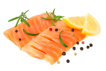 Red fish. Raw salmon fillet with rosemary isolate on white background