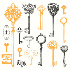 Vector set of hand-drawn antique keys. Illustration in sketch style on white background. Old design