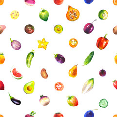 Watercolor illustration with farm vegetables. Seamless pattern on white background. Set of tomato, eggplant, pepper, plum, potatoes, cucumber, turnip, dragonfruit, cucumber. Fresh organic food.