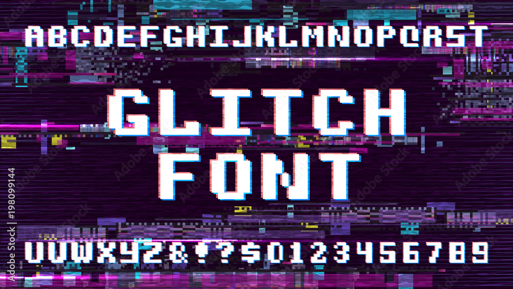 Poster retro pixel art font on display with tv noise glitch effect. computer game vector alphabet