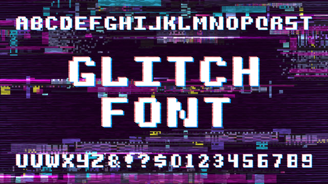 Retro Pixel Art Font On Display With Tv Noise Glitch Effect. Computer Game Vector Alphabet