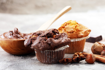 Chocolate muffin and nut muffin, homemade bakery on grey background