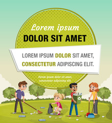 Colorful green park with teenagers cleaning trash. People recycling.
