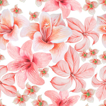 Bright seamless pattern with flowers. Lily. Hibiscus. Watercolor illustration. Hand drawn.